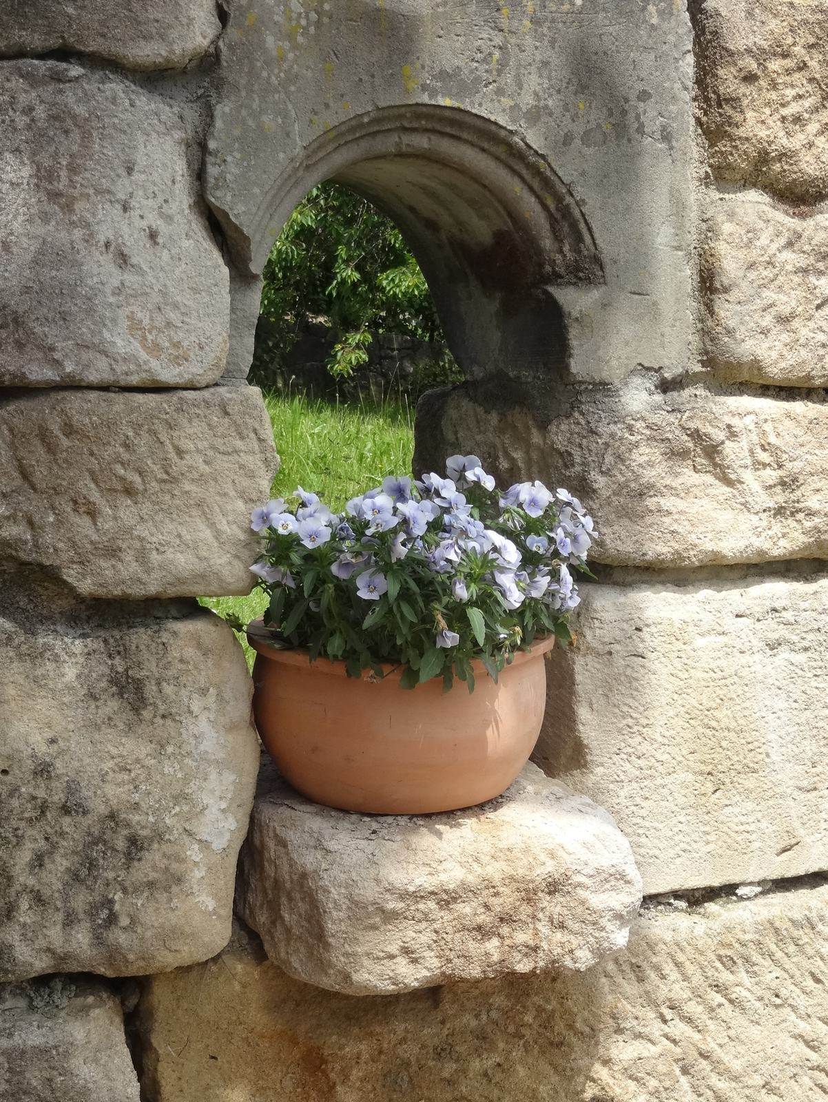 Nische in Natursteinmauer mit Blumentopf